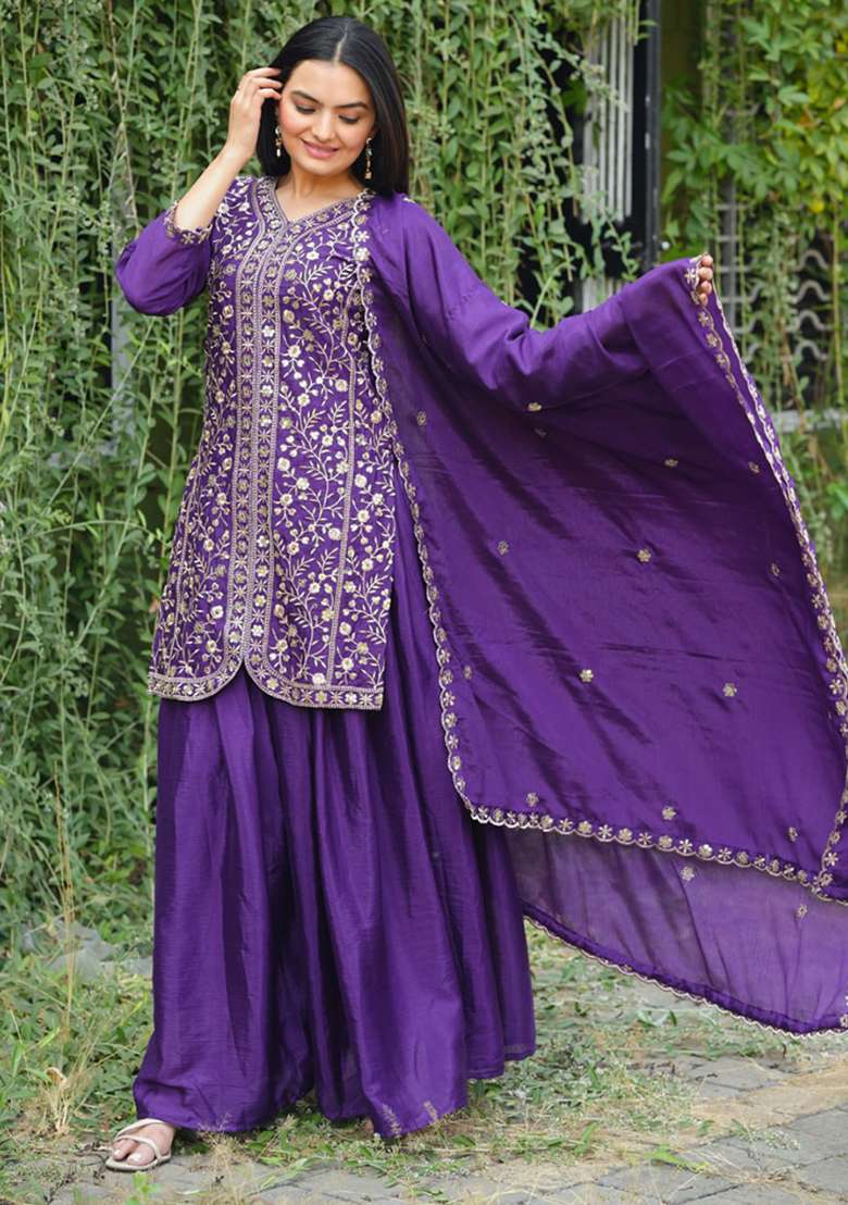 Violet Embroidery Silk Sharara Set - Indya