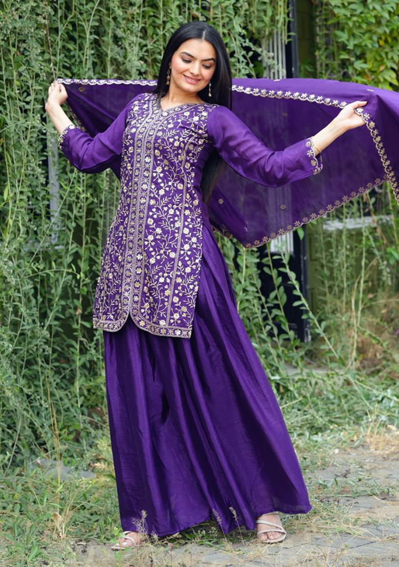 Violet Embroidery Silk Sharara Set - Indya