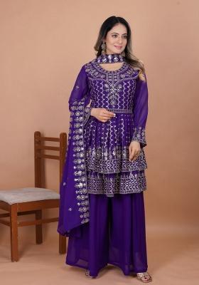 Violet Blue Embroidery Georgette Sharara Set