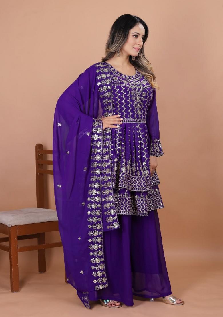 Violet Blue Embroidery Georgette Sharara Set - Indya