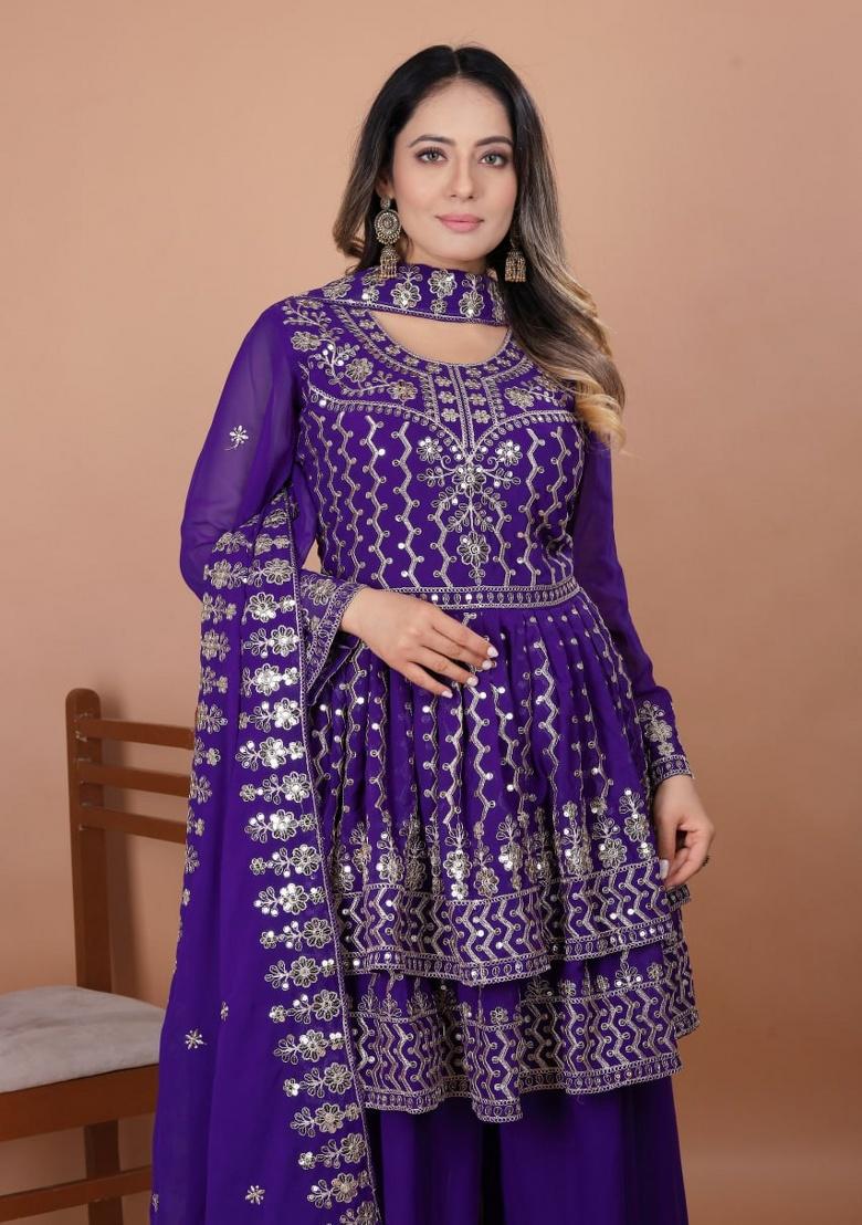Violet Blue Embroidery Georgette Sharara Set - Indya