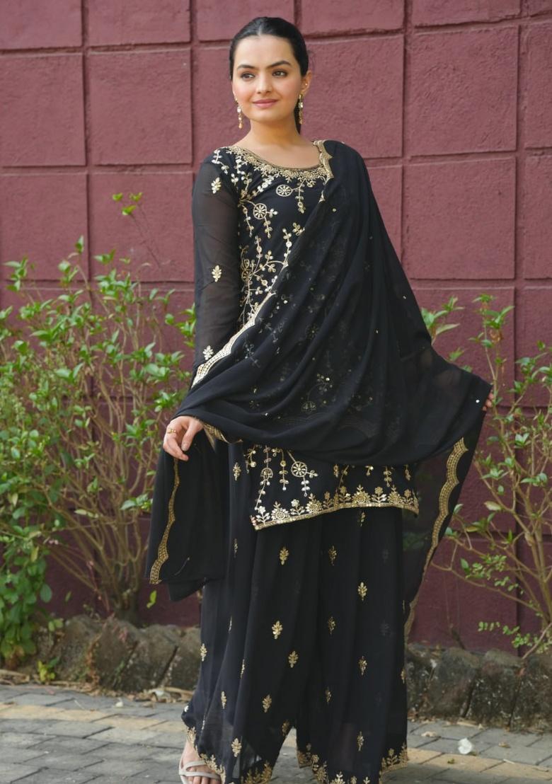 Black Embroidery Georgette Sharara Set - Indya
