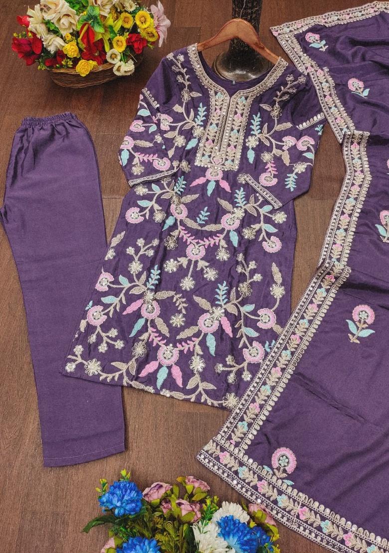 Lavender Embroidery Silk Salwar Kameez With Dupatta - Indya