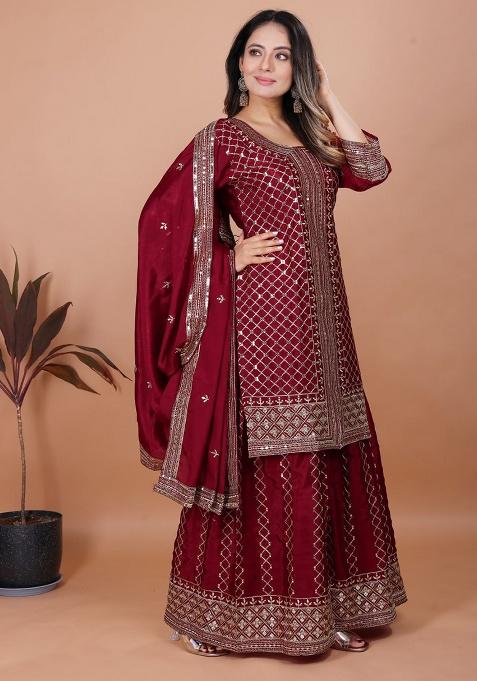 Maroon Embroidery Silk Sharara Set