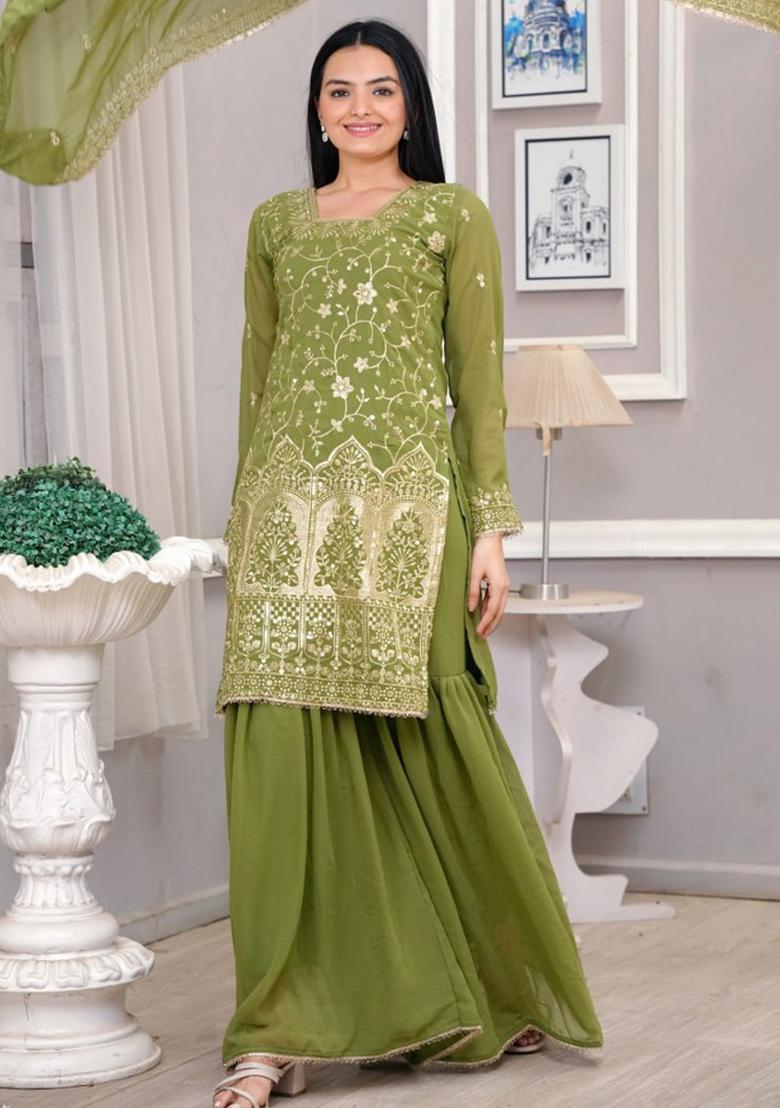Mahendi Embroidery Georgette Sharara Set - Indya