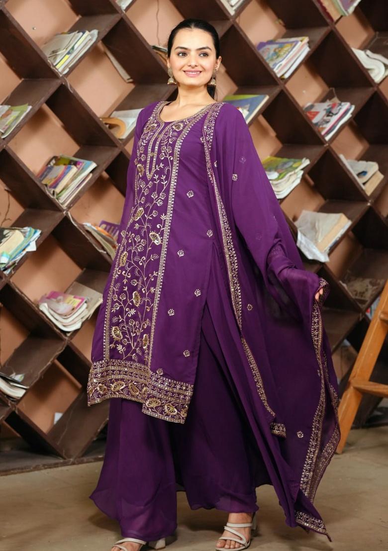 Purple Embroidery Georgette Sharara Set - Indya