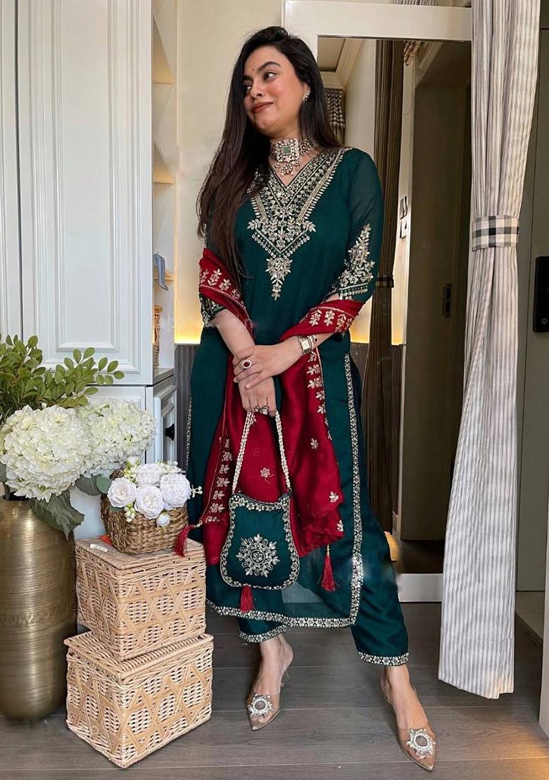 Royal Blue Embroidery Silk Salwar Kameez With Dupatta - Indya