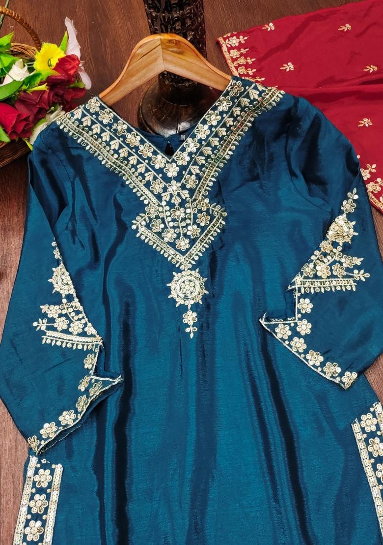 Royal Blue Embroidery Silk Salwar Kameez With Dupatta - Indya