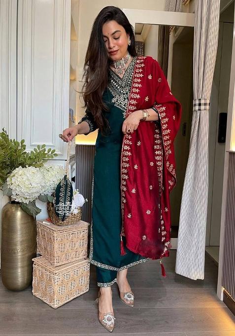 Royal Blue Embroidery Silk Salwar Kameez With Dupatta