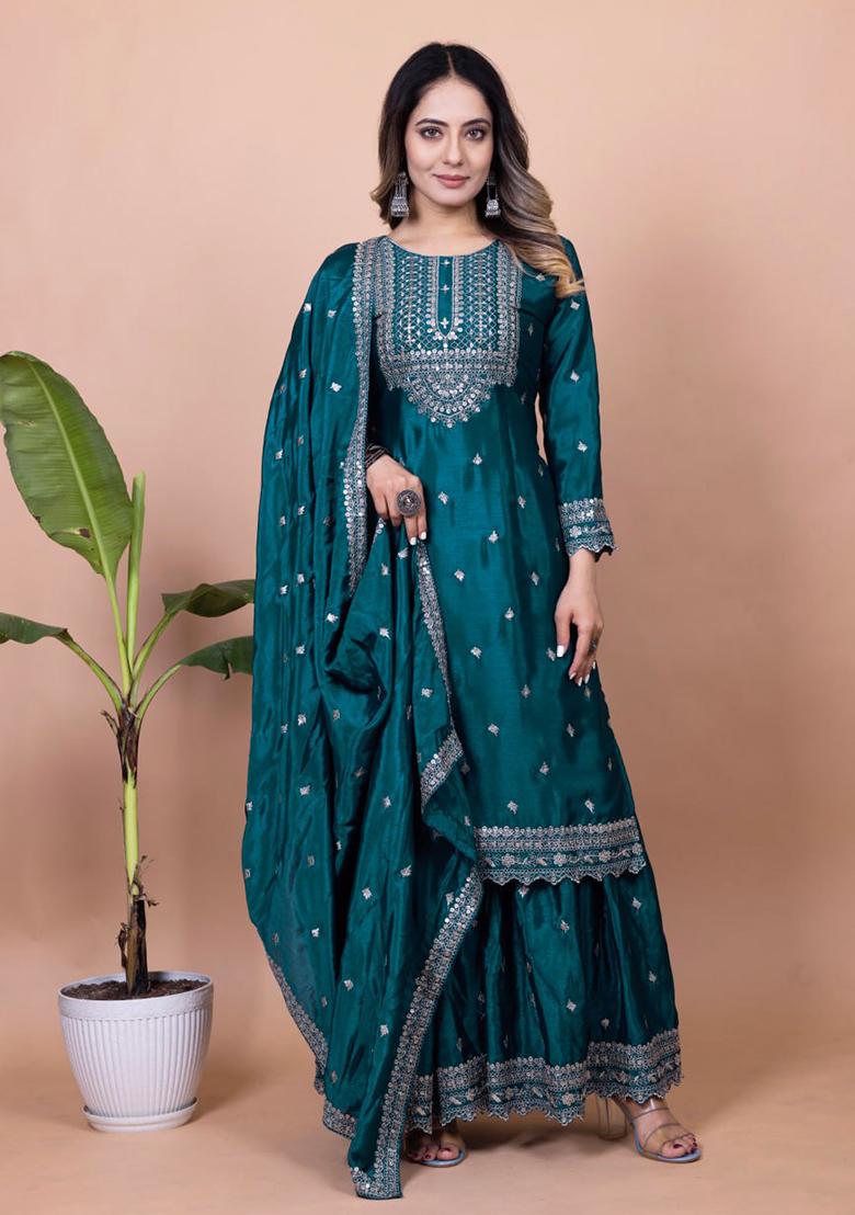 Blue Embroidery Silk Sharara Set - Indya