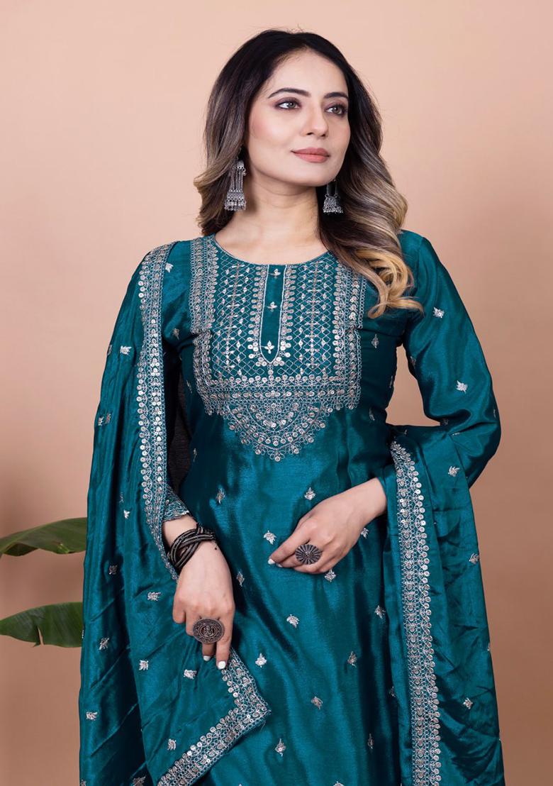 Blue Embroidery Silk Sharara Set - Indya