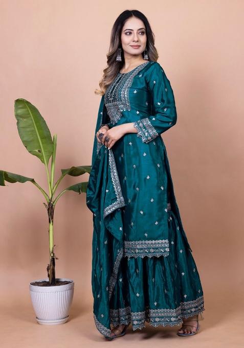 Blue Embroidery Silk Sharara Set