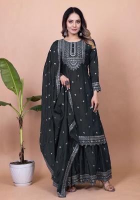 Black Embroidery Silk Sharara Set