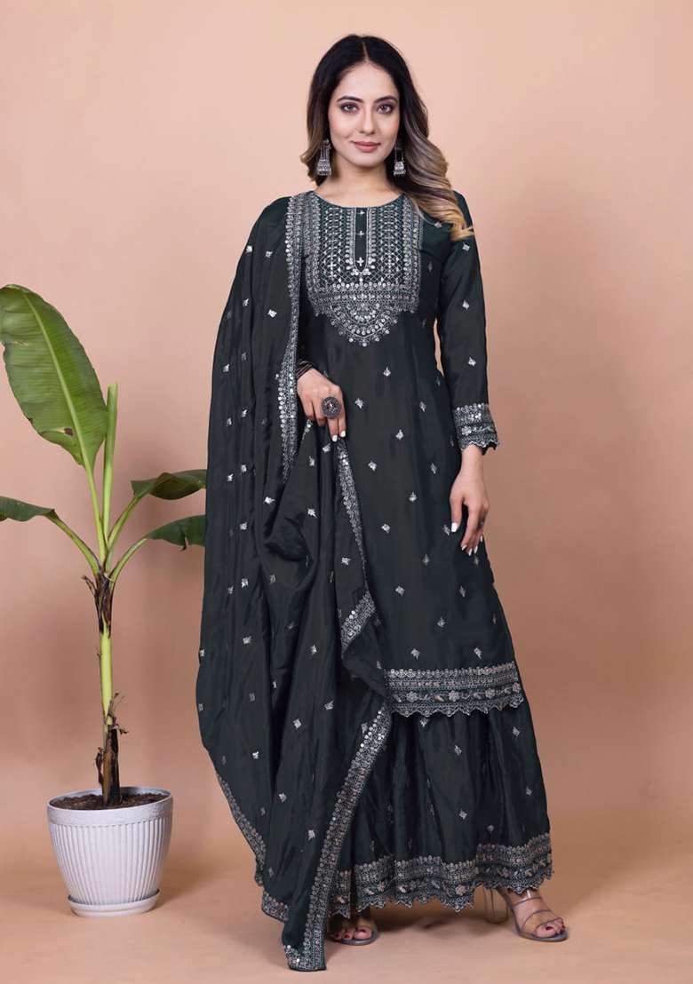 Black Embroidery Silk Sharara Set - Indya