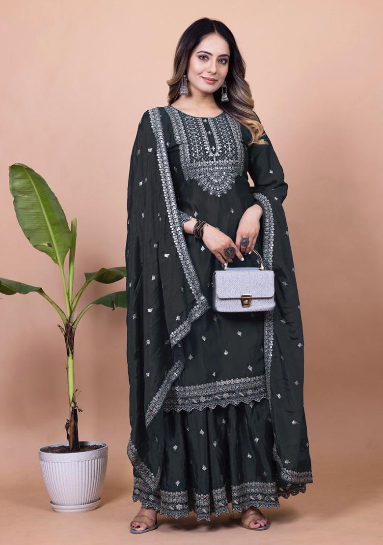 Black Embroidery Silk Sharara Set - Indya