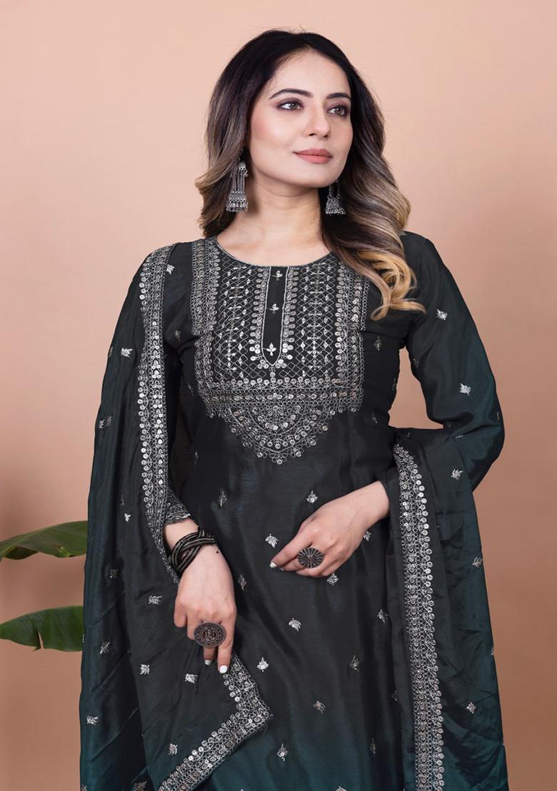 Black Embroidery Silk Sharara Set - Indya