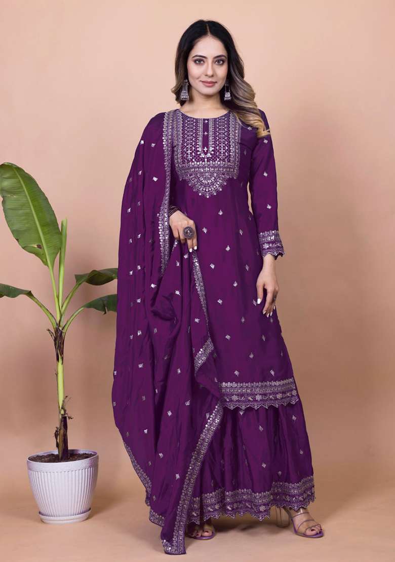 Purple Embroidery Silk Sharara Set - Indya