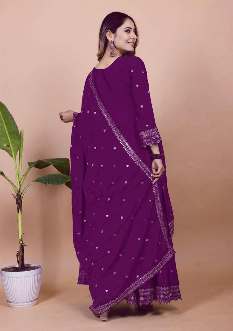 Purple Embroidery Silk Sharara Set - Indya