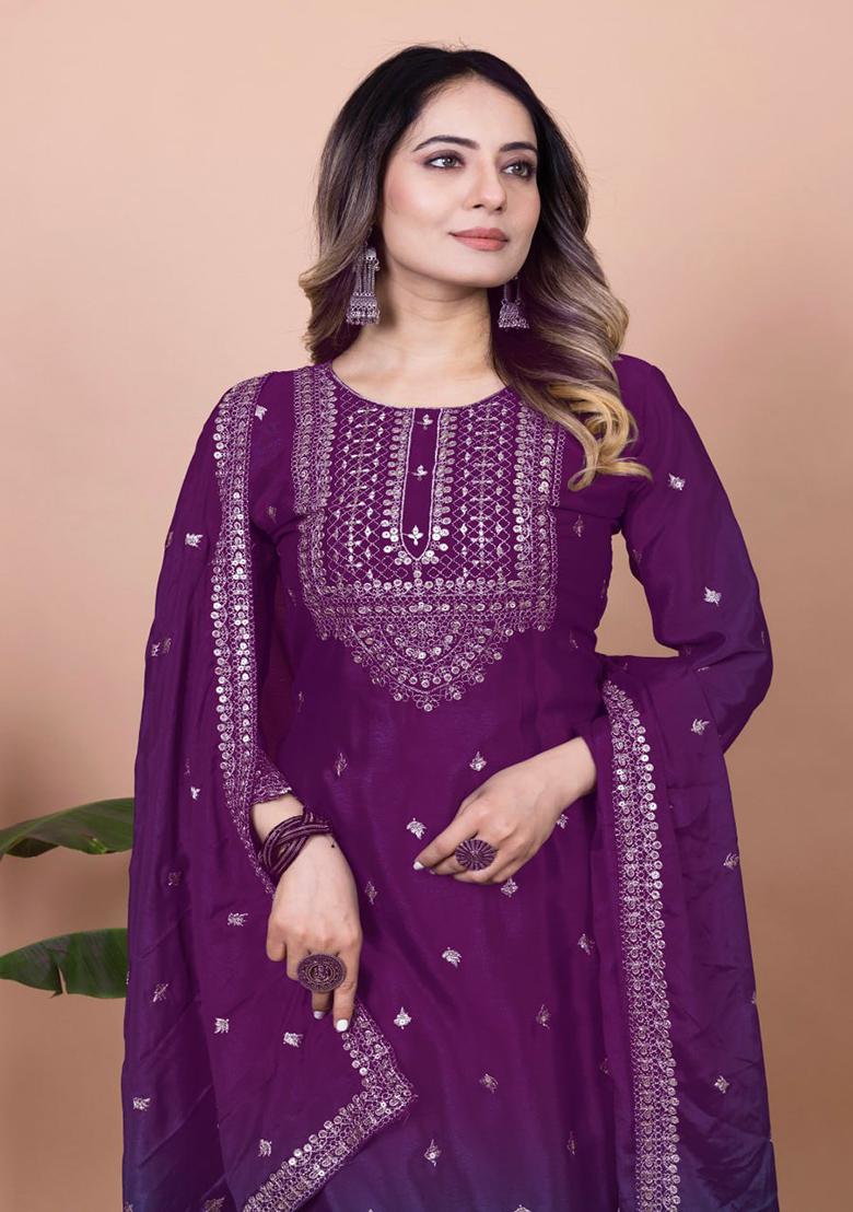 Purple Embroidery Silk Sharara Set - Indya