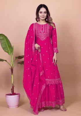 Pink Embroidery Silk Sharara Set