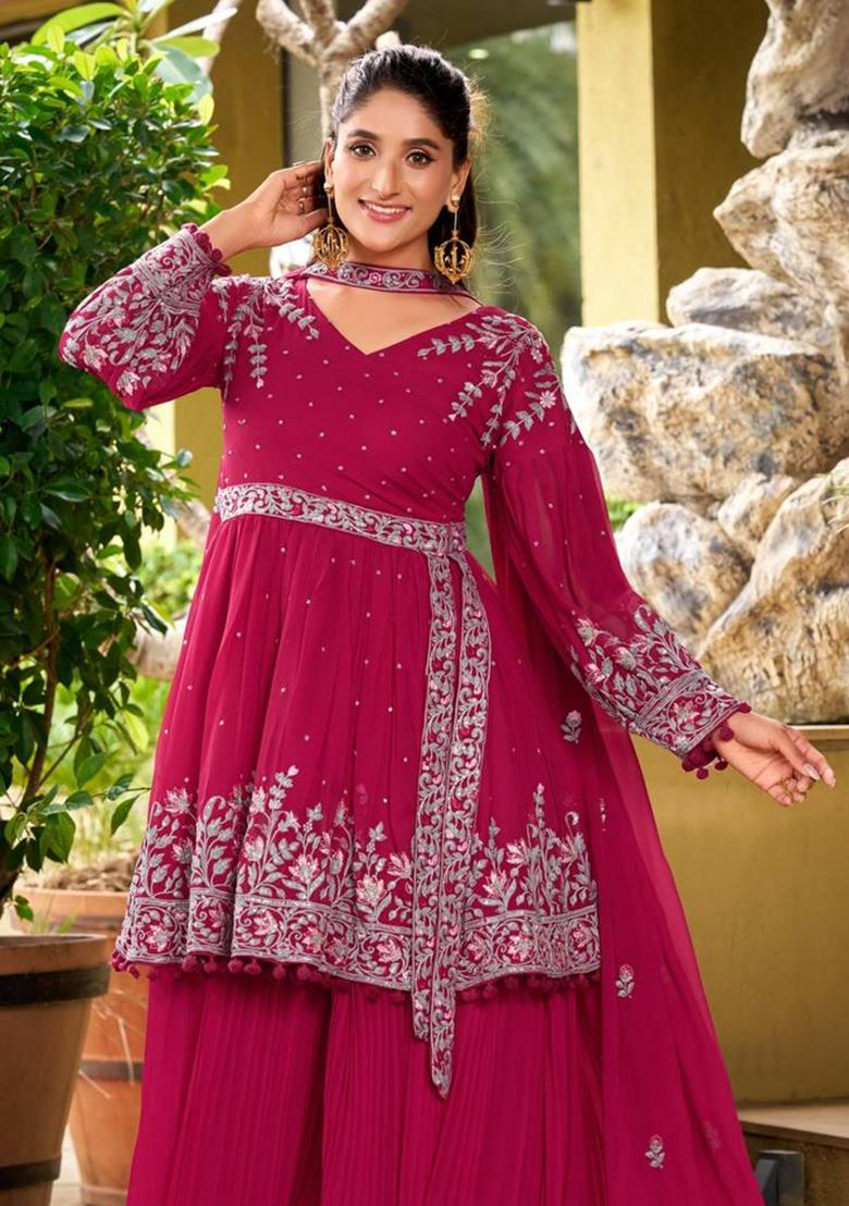 Pink Embroidery Georgette Plazzo Set - Indya