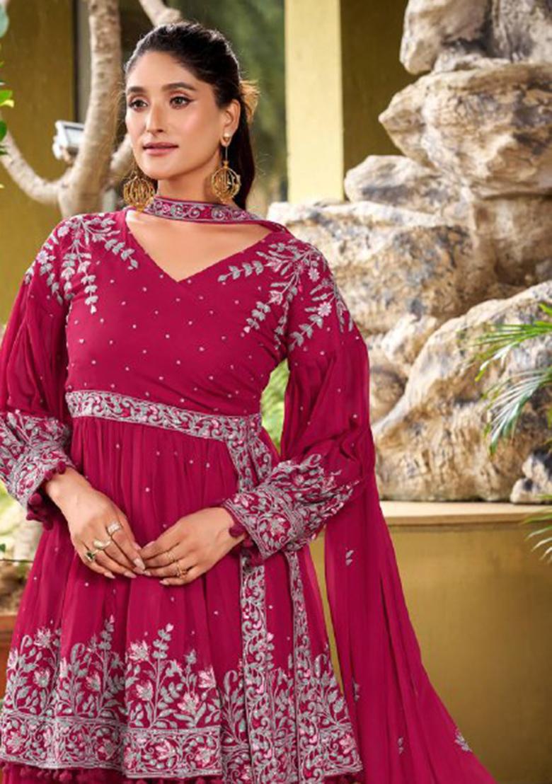 Pink Embroidery Georgette Plazzo Set - Indya