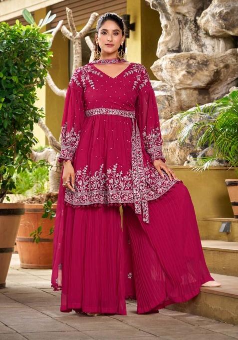 Pink Embroidery Georgette Plazzo Set