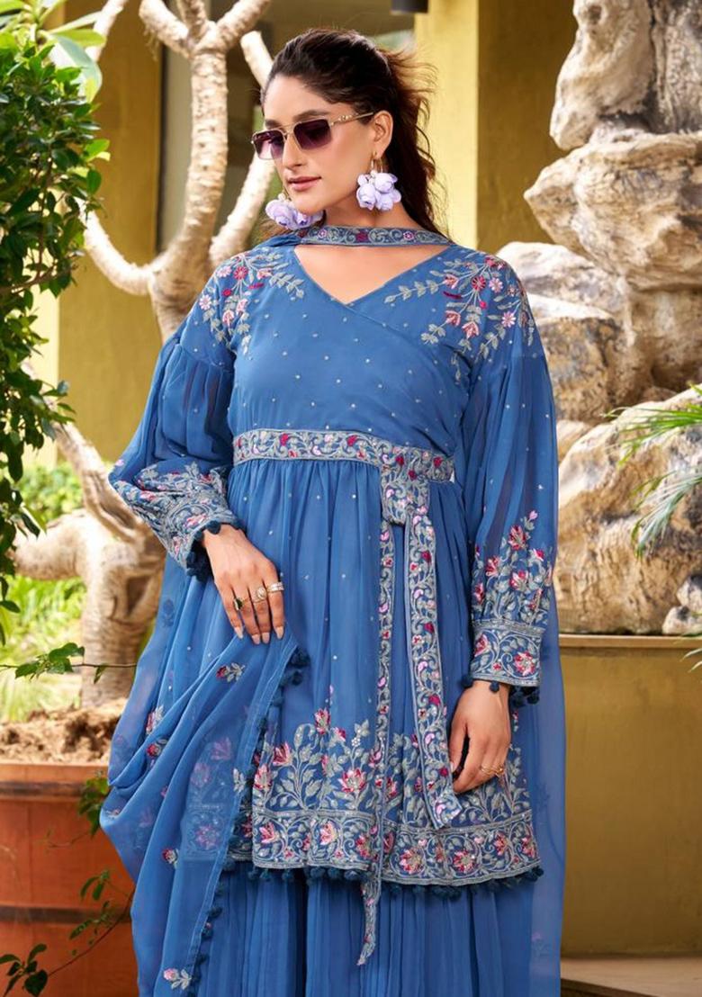 Sky Blue Embroidery Georgette Plazzo Set - Indya