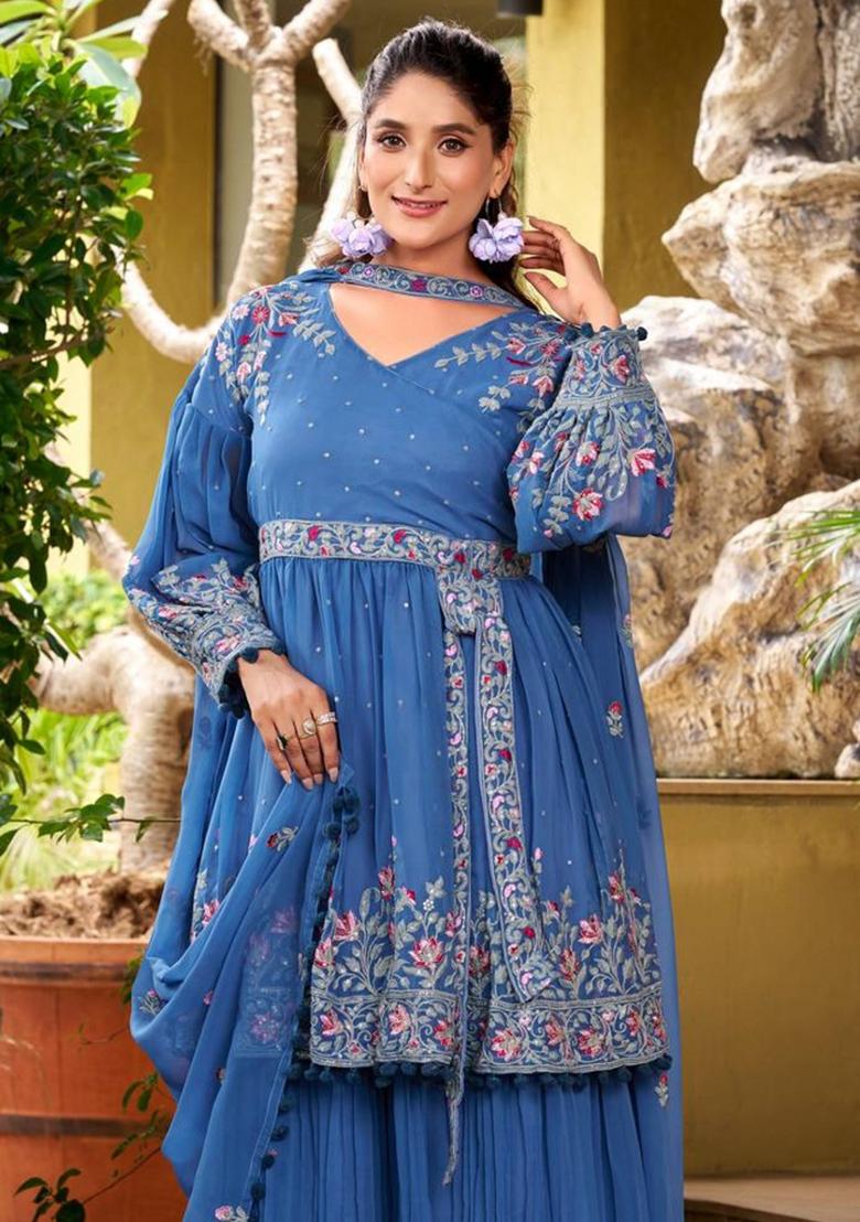 Dark Lavender Printed Silk Sharara Set - Indya