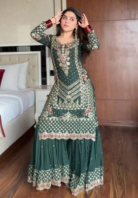 Dark Green Embroidery Georgette Sharara Set