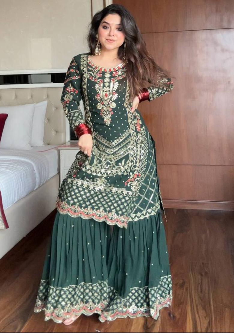 Dark Green Embroidery Georgette Sharara Set - Indya