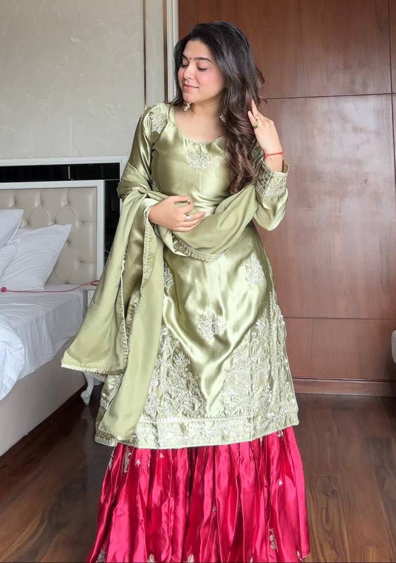 Pista Green Embroidery Silk Sharara Set - Indya