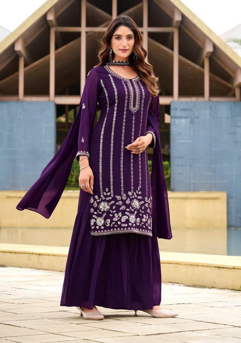Violet Embroidery Georgette Sharara Set - Indya