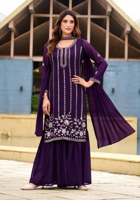 Violet Embroidery Georgette Sharara Set