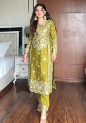 Lime Green Embroidery Silk Salwar Kameez With Dupatta