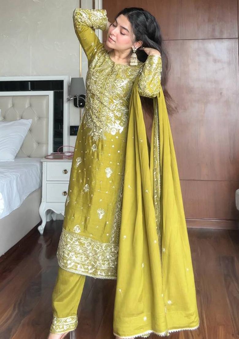 Lime Green Embroidery Silk Salwar Kameez With Dupatta - Indya