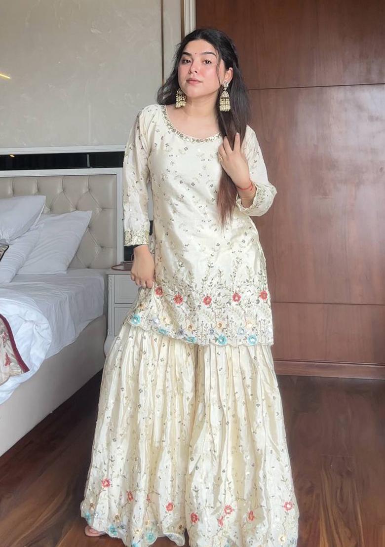 Off White Embroidery Silk Sharara Set - Indya