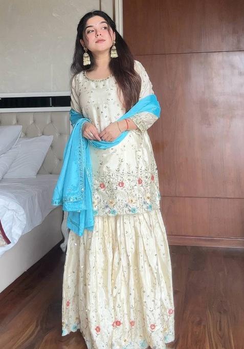 Off White Embroidery Silk Sharara Set