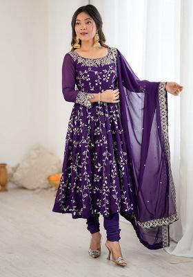 Violet Embroidery Georgette Anarkali Set With Dupatta