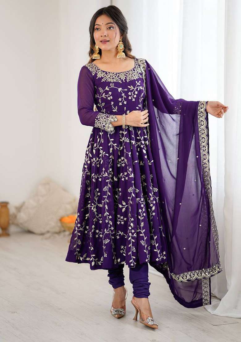 Violet Embroidered Georgette Anarkali Set - Indya