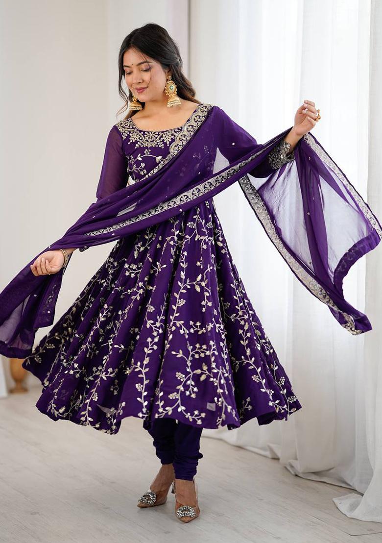 Violet Embroidery Georgette Anarkali Set With Dupatta - Indya