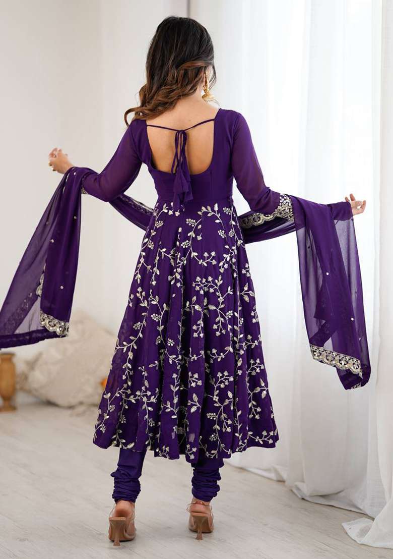 Violet Embroidered Georgette Anarkali Set - Indya
