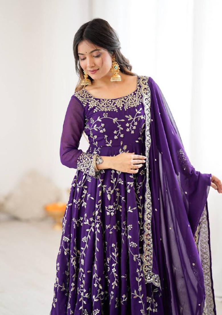 Violet Embroidery Georgette Anarkali Set With Dupatta - Indya