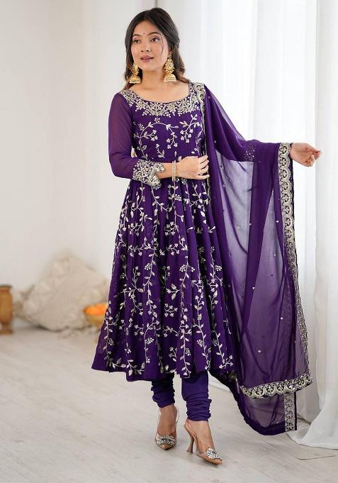 Violet Embroidery Georgette Anarkali Set With Dupatta