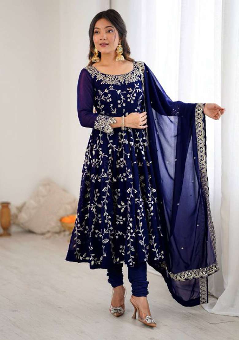 Blue Embroidered Georgette Anarkali Set - Indya