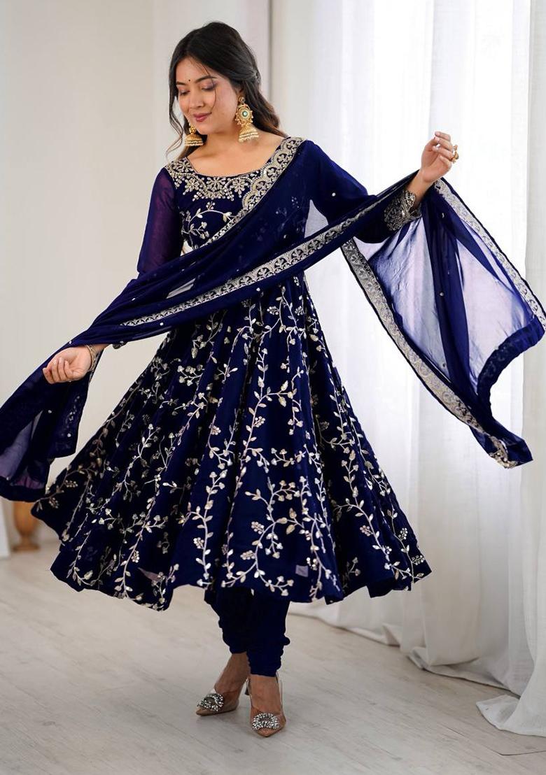 Blue Embroidery Georgette Anarkali Set With Dupatta - Indya