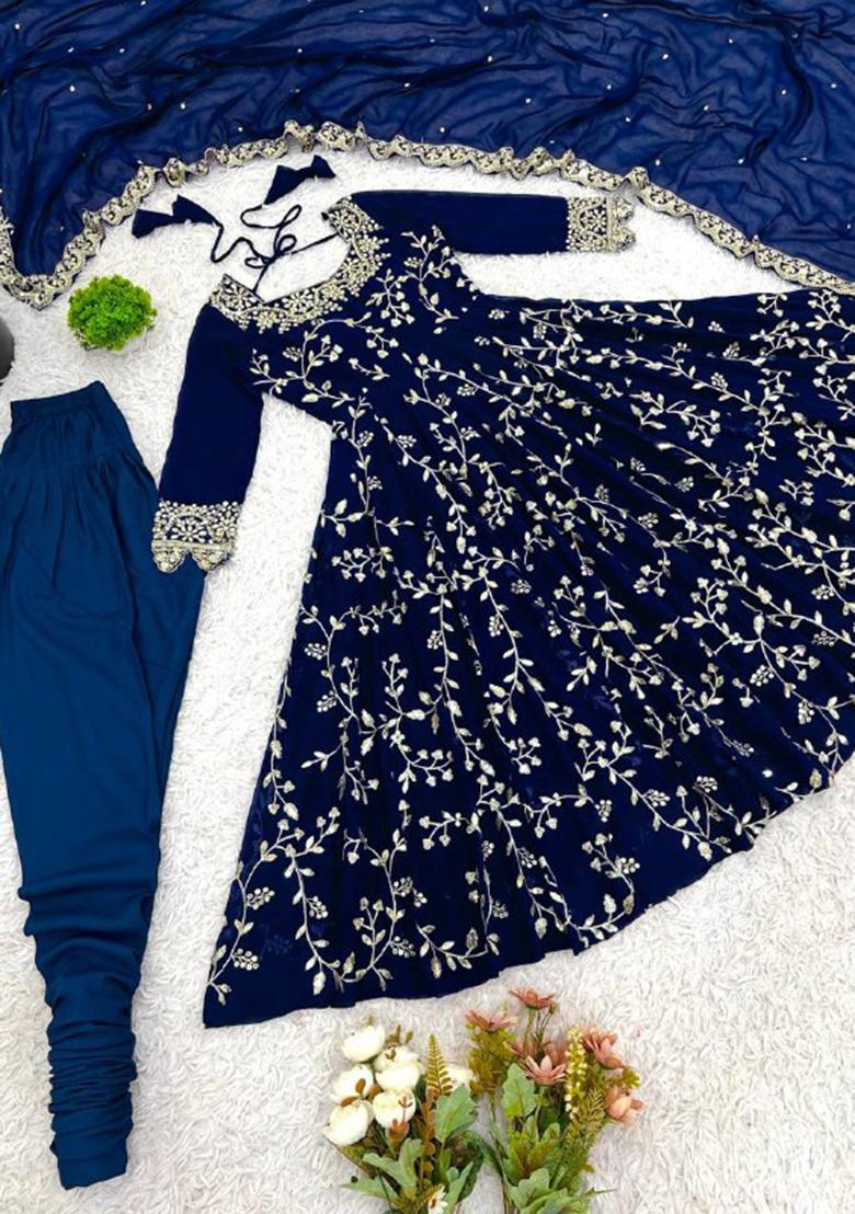 Blue Embroidery Georgette Anarkali Set With Dupatta - Indya