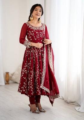 Maroon Embroidery Georgette Anarkali Set With Dupatta