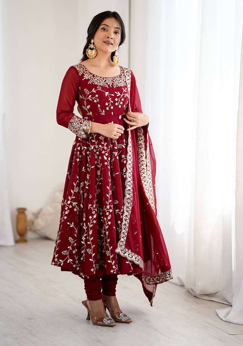 Maroon Embroidered Georgette Anarkali Set - Indya