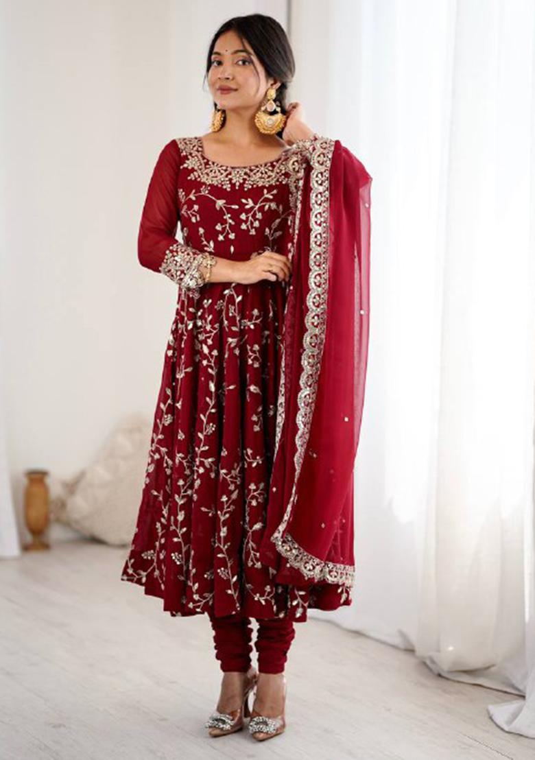 Maroon Embroidery Georgette Anarkali Set With Dupatta - Indya